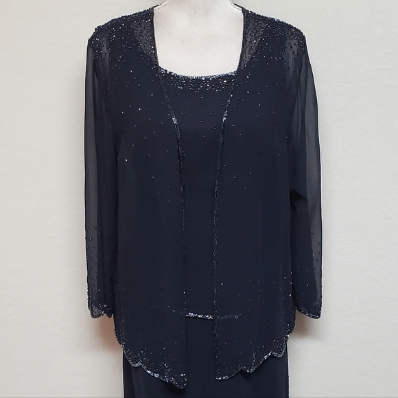 Vintage J Kara Navy Blue Chiffon Beaded Scalloped Maxi Dress Jacket Set 16 - Picture 4 of 16